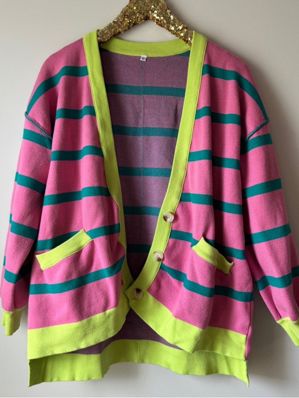 Neon Trim Pink & Teal Striped Open Cardigan